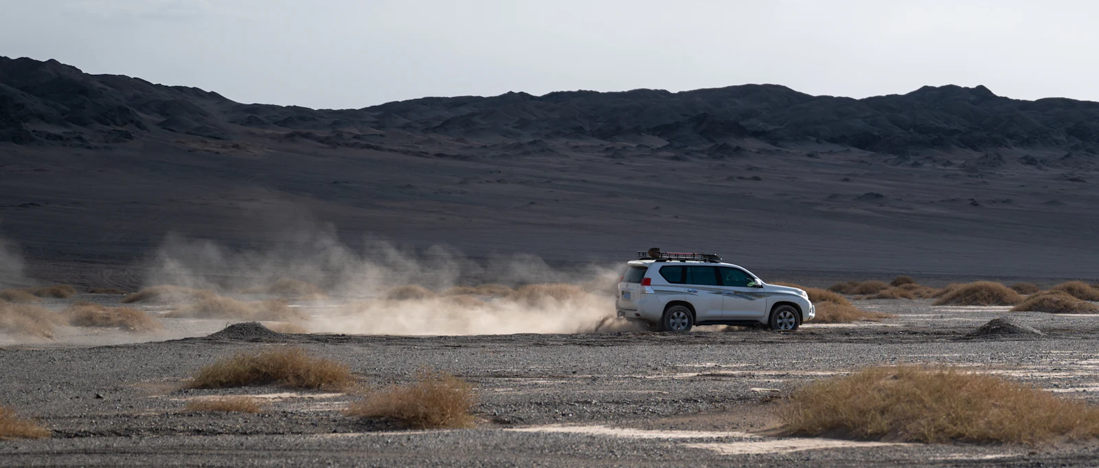 SUV raising a trail of dust as it crosses a desert flat